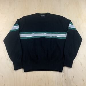 Vintage Profile Sweater Mens Large Black Striped Pure Wool Knit Hong Kong Retro